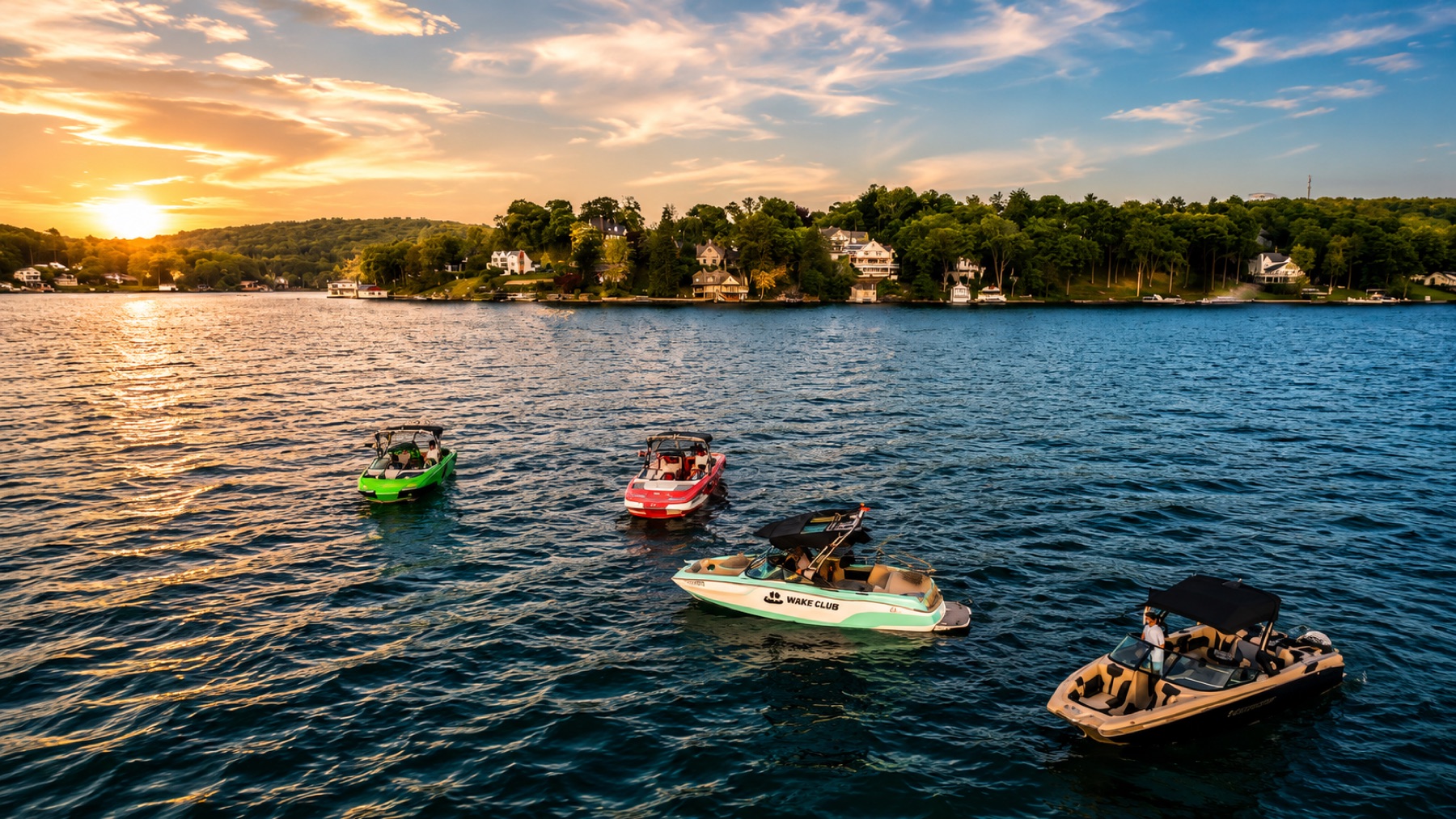 The Wake Club fleet at sunset on Lake Hopatcong