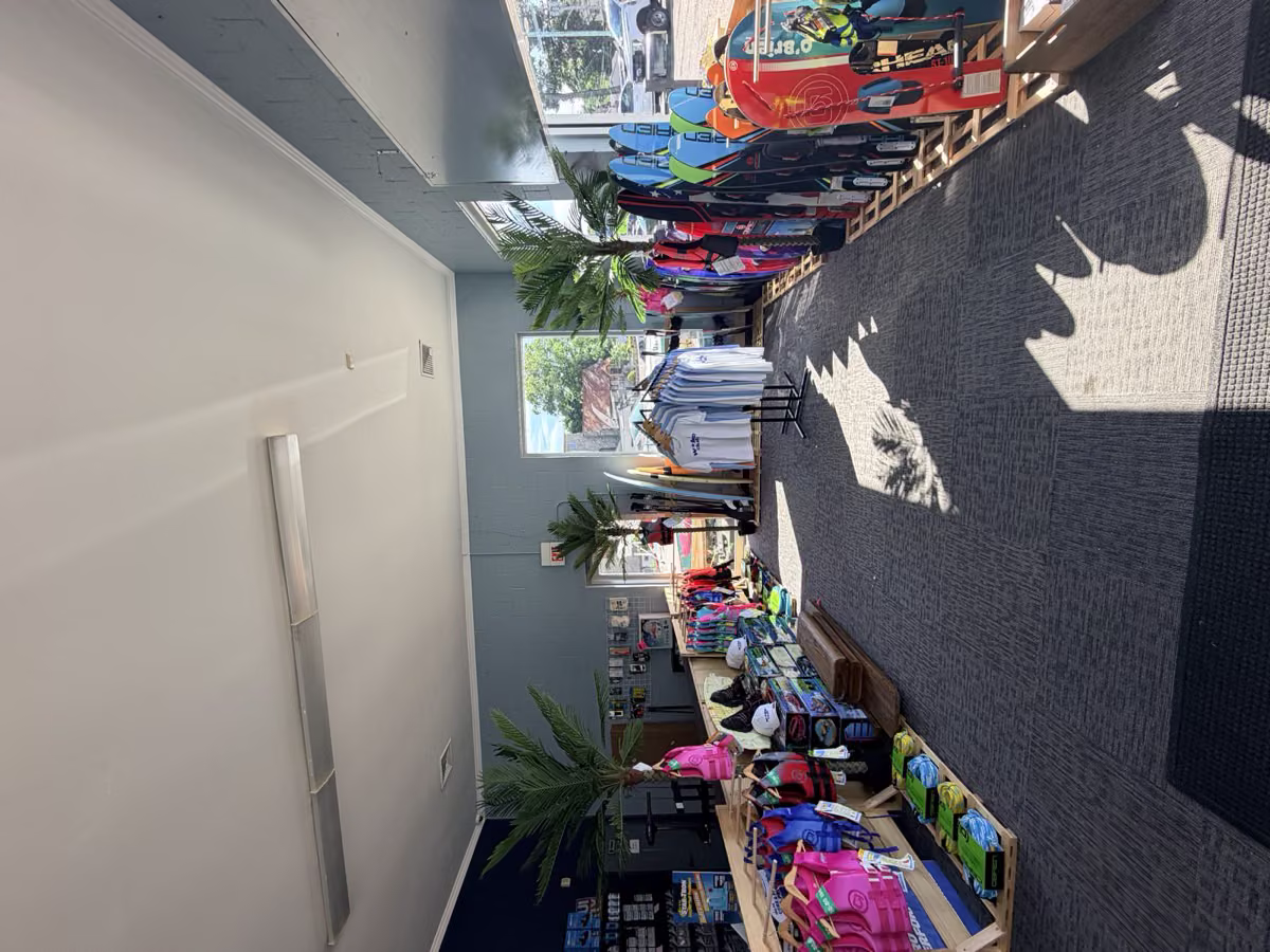 Inside the Wake Club store on Lake Hopatcong — racks of wakeboards, water skis and life vests